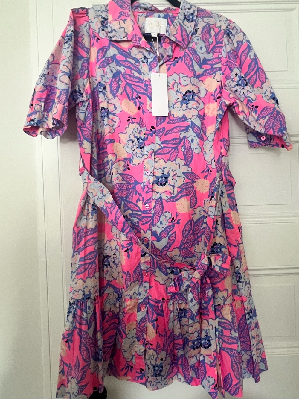Lilly Pulitzer Pink Floral Shirt Dress with Purple and Cream Accents